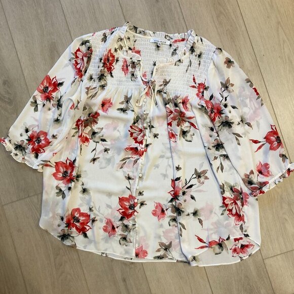 Rose & Olive 1X Floral Ruche Long Sleeve Button Front Blouse Popover Sheer 1X - Picture 1 of 11